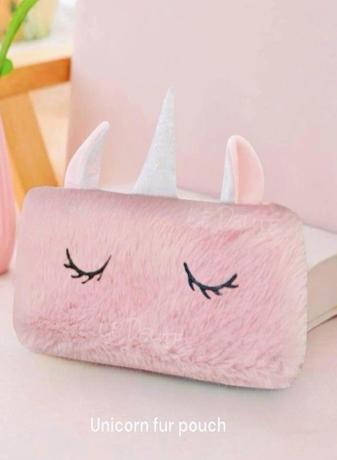 Le Delite Combo Gift Pack of 10 Items diary with fur pouch, geometry box case unicorn Stationery Set for Girls Kids, cute fancy stylish pen pencil & eraser - Image 3
